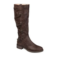 If you love a good riding boot, then you'll love the Carly boot by Journee Collection. This boot has such a different look to it with the zig zag lace detail. It's so quirky and can easily spice up any winter outfit. This boot also features an almond toe shape and a distressed coloring.Features: LightweightClosure Type: ZipperShaft Circumference: 15 InchesBoot Shaft Height: 14 InchesShoe Heel Height: 1 1/2 InchesUpper/Outer Base Material: 100% PolyuretheneShoe Lining Material: FabricSole Materia Motorcycle Boots Women, Extra Wide Calf Boots, Wide Calf Knee High Boots, Wide Calf Riding Boots, Styling Outfits, Stacked Heel Boots, Black Lace Up Shoes, Quilted Boots, Brown Riding Boots