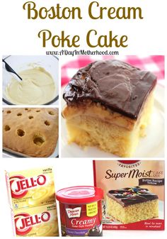 collage of boston cream poke cake images with text overlay