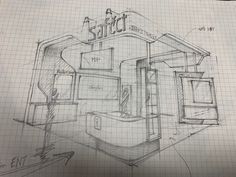 a drawing of a small building on top of a sheet of paper with the words scott above it