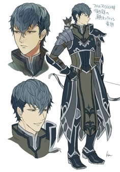 three different views of the character from fire emblem, and one with blue hair wearing armor