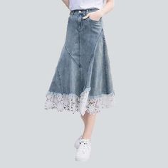 Get ready to make a statement with our 2023 Spring-Summer Collection's denim skirt. crafted with the perfect blend of street style and vintage charm!Why It's Destined to Be Your New FavoriteDesigned with a flattering A-line cut. this skirt is crafted with a high-waist for a timeless look and is adorned with intricate lace embroidery. adding a unique touch. Its extended length and medium wash exude a classic elegance. making it an indispensable addition to your fashion-forward wardrobe.Exquisite Denim Skirt Jeans For Spring, Chic Lace Patchwork Skirt, Fitted Lace Patchwork Bottoms For Spring, Spring Lace Patchwork Skirt, Spring Midi Skirt With Lace Trim, Summer Skirt With Lace Patchwork, Summer Lace Patchwork Skirt, Spring Skirt With Lace Patchwork, Chic Skirt With Frayed Hem For Spring