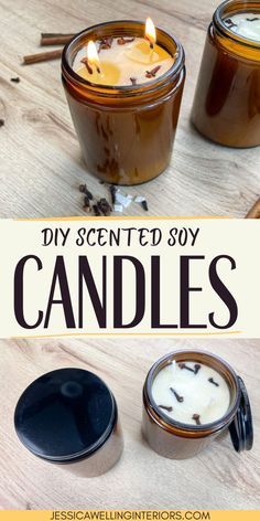 two candles sitting next to each other on top of a wooden table with text overlay that reads diy scented soy candles