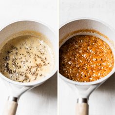 two pictures showing how to make an orange sauce