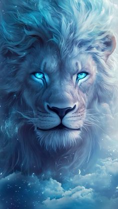 a white lion with blue eyes is in the clouds and looks into the distance at night