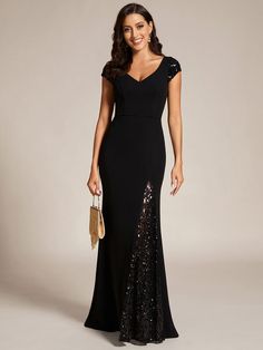 Custom Size Sequin Deep V Trail Sequin Fashion Evening Dress Beaded Evening Gowns Formal, Black Sequin Evening Dress, Young Mother Of The Bride Dresses Winter, Black Sparkly Mother Of The Bride Dress, Formal Dress For Large Stomach, Mid Size Evening Dress, Jewelry For Black Sequin Dress, Black Mother Of The Bride Dresses, Mother Of The Bride Black Dresses