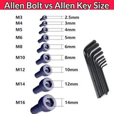 the allen bolt and allen key size comparison is shown in this image, with different sizes