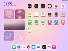 an image of the home screen with many different icons on it, all in pink and purple