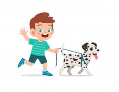 a young boy is walking his dog on a leash, cartoon character with green shirt and blue shoes