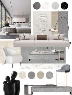 an interior design board with white furniture and neutral colors in the living room, dining area