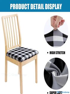 a chair with black and white checkered seat cover next to the back of it