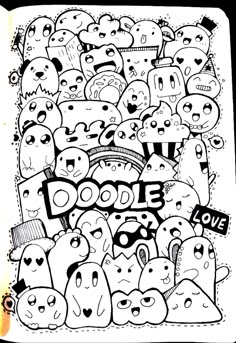 doodle love coloring page with lots of emo faces and words in black and white