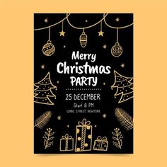 a christmas party flyer with presents and ornaments on the black background, in gold foil