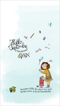 a woman holding a child in her arms and flying a kite with the words hello september on it