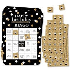 a happy birthday bingo game with gold glitters