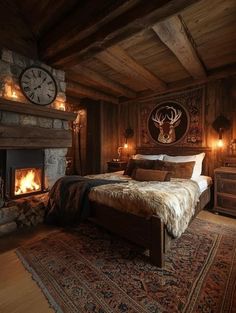 a bed sitting in a bedroom next to a fire place with a clock on the wall