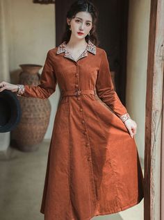 Corduroy Dress Pattern, Collar Frocks For Women, Long Sleeve Dress With Corduroy Collar For Spring, Corduroy Outfits Womens, Courdory Long Sleeve Dress, Brown Corduroy Dress For Fall, Brown Corduroy Dress For Winter, Courdory Dress, Long Sleeve Corduroy Dress For Fall