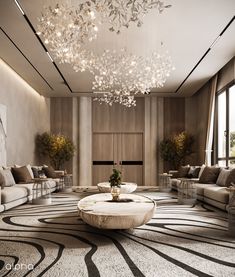 an elegant living room with chandelier and sofas