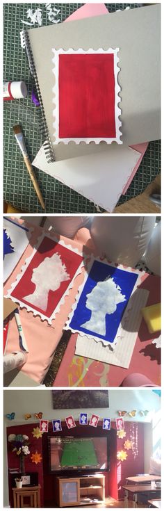 three different pictures of the same room with red, white and blue fabric on it