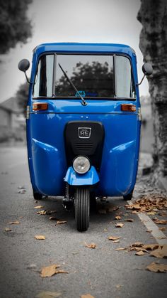 a small blue van parked on the side of a road next to trees and leaves