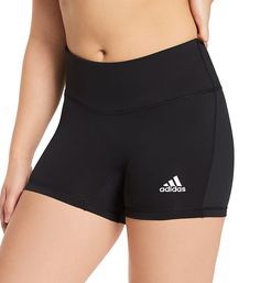 These trim-looking athletic shorts are great for volleyball, basketball and other court sports, having been designed with a snug compression fit for a "locked in" feel that supports major muscle groups. 4-way stretch keeps fit engaged, and gives you complete freedom to move. Tall, self-lined waistband has covered elastic at rim. Opaque knit for modesty. Crotch gusset inseam keeps shorts close to the body and prevents bunching. Center back seam for a more streamlined fit. Leg openings have two-pl Adidas Sporty Activewear With Built-in Shorts, Athletic Shorts With Built-in Shorts For Sports, Adidas Activewear With Built-in Shorts, Squat Proof Sporty Shorts, Cheerleading Activewear With Built-in Shorts, Adidas Gym Bottoms With Built-in Shorts, Adidas Breathable Bottoms For Training, Adidas Breathable Training Bottoms, Compression Shorts For Sports