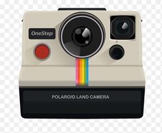 the polaroid land camera is white and has a rainbow - colored stripe on it