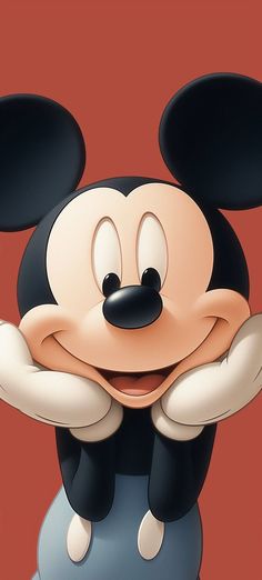 a mickey mouse with his arms crossed and eyes wide open, standing in front of a red background