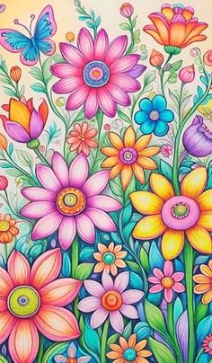 a painting of colorful flowers and butterflies