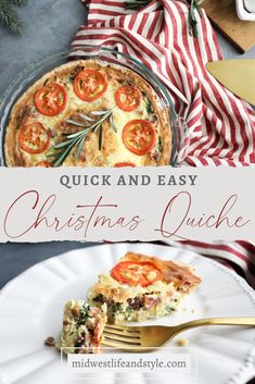 a christmas quiche with tomatoes on top and a fork in the foreground text overlay reads quick and easy christmas quiche