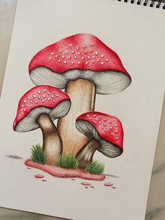 a drawing of two mushrooms with water drops on them