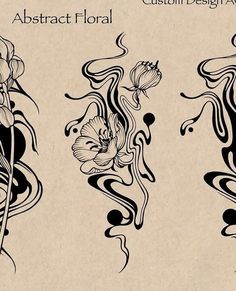 abstract floral designs with swirls and flowers in black on beige paper, set of three