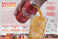 an advertisement for coca cola being poured into a glass filled with ice and orange liquid