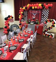 a table set up for a race themed birthday party