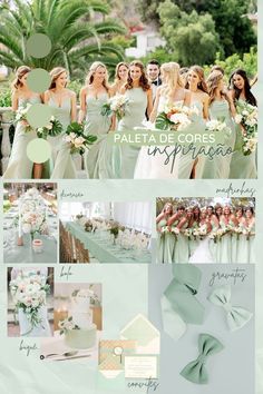 the wedding party is all dressed up in mint green and white colors, including flowers