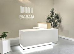 a white reception desk sitting next to a potted plant on top of a table