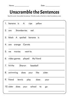 the sentence worksheet for students to use in their english language workbook, which includes