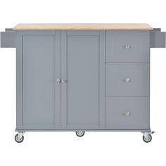 a gray kitchen island with drawers on wheels