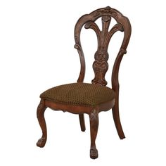 a wooden chair with a brown upholstered seat and back cushion on an isolated white background