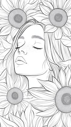 a woman's face surrounded by sunflowers with her eyes closed, in black and white