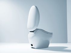 a white toilet sitting in the middle of a room with its lid up and it's seat down