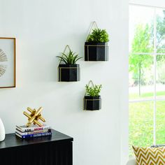 some plants are hanging on the wall above a black table with books and vases