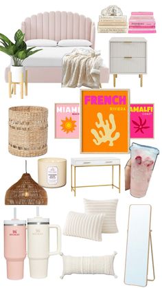 a collage of pink and white furniture, coffee cups, vases, pictures, and other items