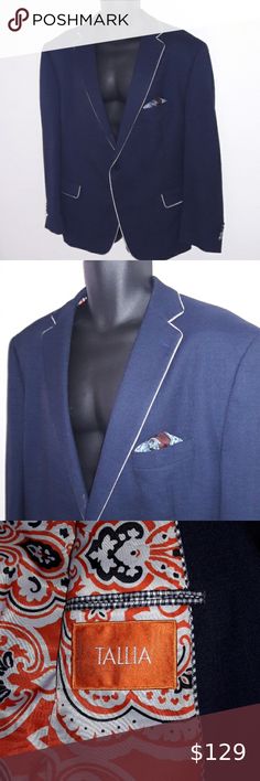 I just added this listing on Poshmark: TALLIA Blue Blazer Trimmed in White, 48R. #shopmycloset #poshmark #fashion #shopping #style #forsale #TALLIA #Other Linen Sport Coat, Navy Blue Blazer, Slim Fit Blazers, Tuxedo Jacket, Red Blazer