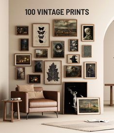 a living room filled with lots of pictures on the wall and a chair in front of it