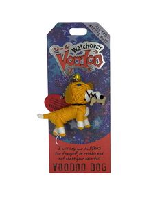 a yellow dog with a tennis racket in it's mouth and the tag says voddo dog