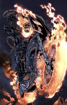 a man riding on the back of a motorcycle with flames coming out of his tires