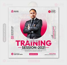 a flyer for a training session featuring a man in a suit and tie with his arms crossed