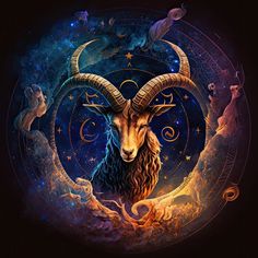 an artistic painting of a horned goat surrounded by zodiac signs and stars in the night sky