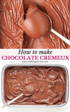 how to make chocolate cremeux in a pan with spoons and text overlay