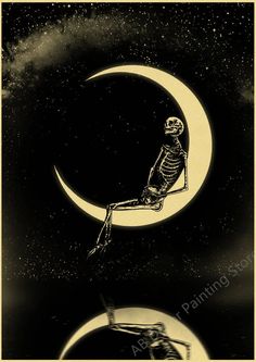 a skeleton sitting on top of a crescent with the moon in the sky behind it