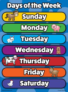 the days of the week poster with animals in different colors and font, including one for each